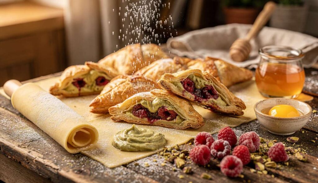 Triangoli di pasta sfoglia al pistacchio e lamponi |La cucina di ASI