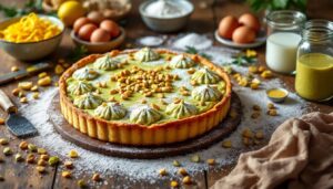 Torta della nonna al pistacchio: crema verde, pinoli tostati e frolla croccante all'olio