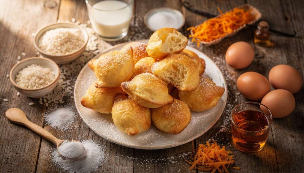 Frittelle di riso toscane per San Giuseppe: dorate, profumate all'arancia e cotte al forno