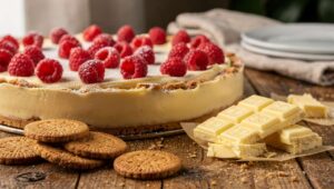 Crostata con crema al cioccolato bianco e lamponi: dolce elegante senza cottura in forno