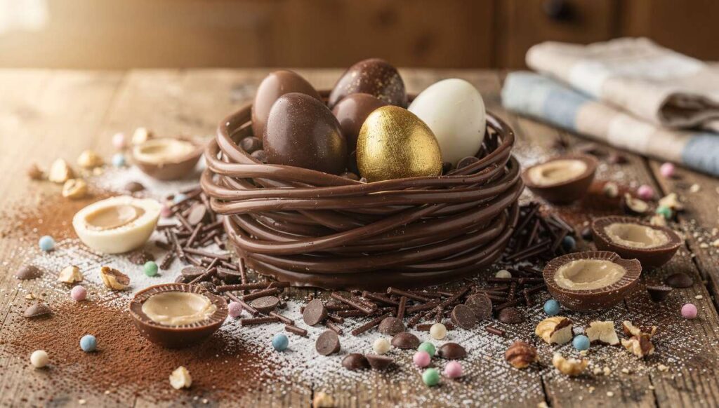 Nido di Pasqua in cioccolato con ovetti artigianali: centrotavola goloso fatto in casa