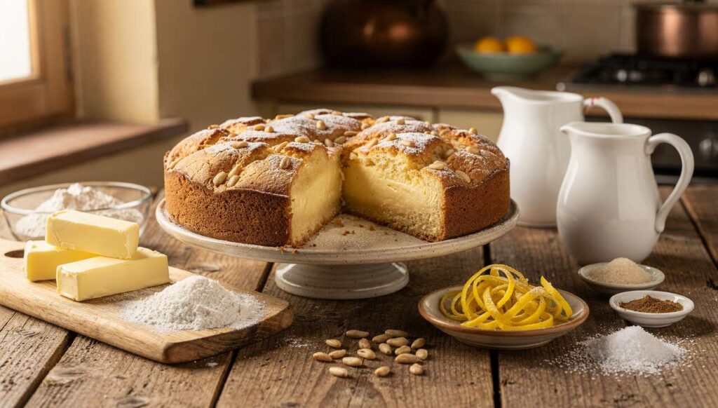 Torta della nonna toscana con crema e pinoli: croccante sopra, cremosa dentro e senza fretta