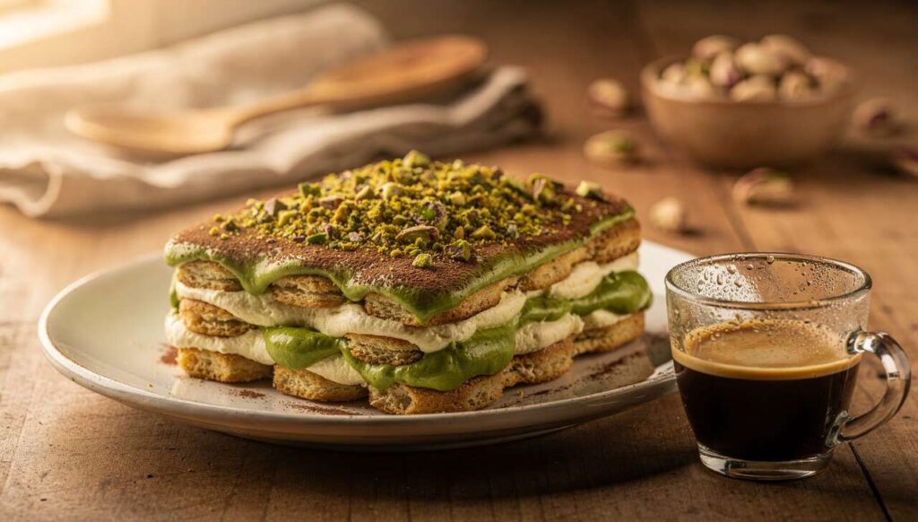 Tiramisù al pistacchio senza uova crude: cremoso, sicuro e pronto la sera prima di Pasqua!