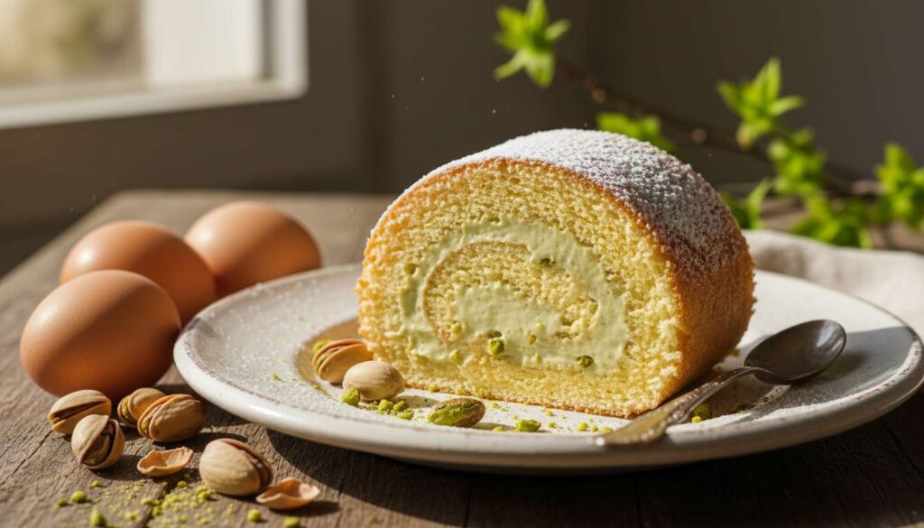 Rotolo di Pan di Spagna con crema al pistacchio di Bronte: fresco, primaverile e senza cottura della farcia